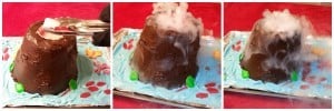 The volcano cake will produce fog and bubbling gelatin